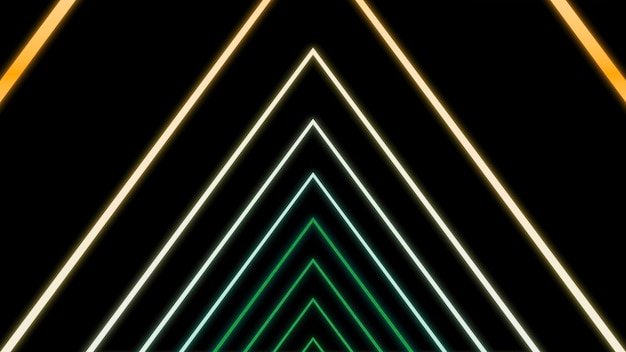 Líneas triangulares de neón se mueven sobre un fondo negro diseño centralizado túnel móvil de líneas triangulares