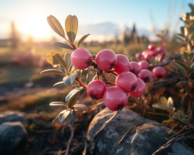 Lingonberry pendurado em uma foto de árvore realista com resolução 4K gerada por IA