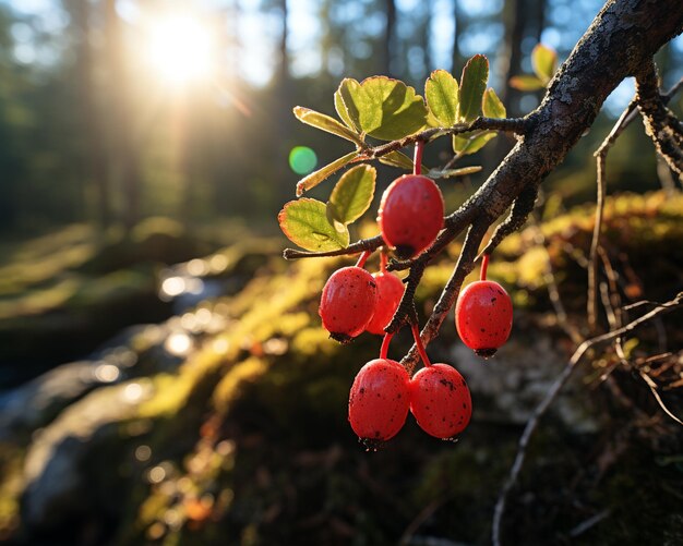 Lingonberry pendurado em uma foto de árvore realista com resolução 4K gerada por IA