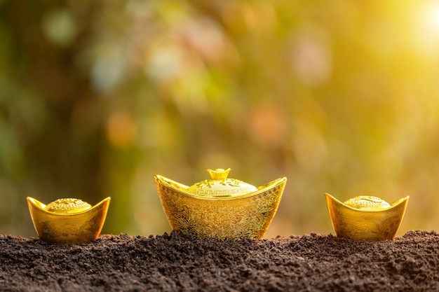 Lingotes de oro para la decoración del año nuevo chino en la parte superior de la pila de tierra en el jardín desenfoque de fondo