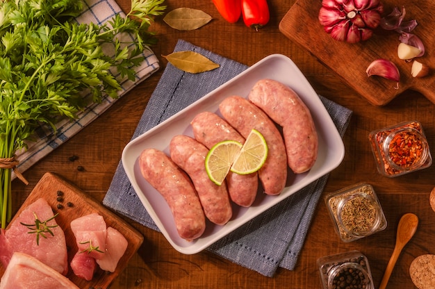 Linguiça de perna de porco brasileira em prato branco com temperos e ingredientes