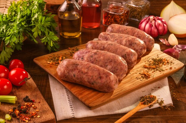 Linguiça de porco brasileira com chimichurri na estaca de madeira com temperos e ingredientes