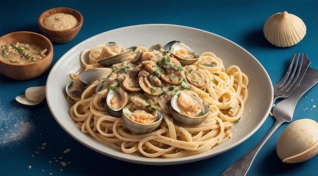 Foto linguine de arte culinario costero con salsa de almejas