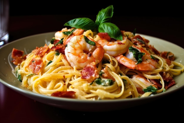 Linguine de gambas al ajillo con tomates secos y hojas de albahaca