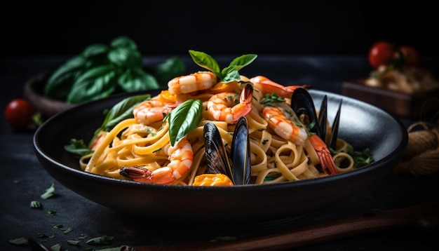 Linguini de mariscos frescos en un plato de madera rústico con guarnición de perejil generada por inteligencia artificial