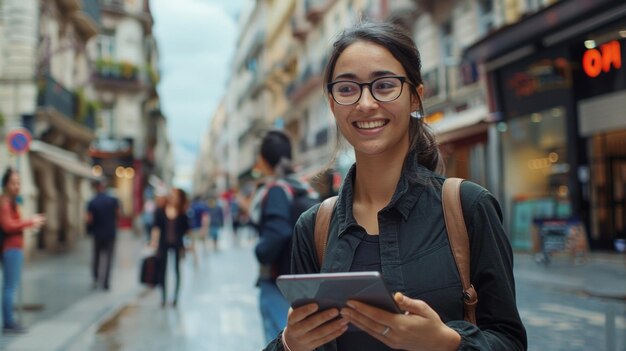 Una lingüista se encuentra cerca de una concurrida calle de la ciudad sonriendo cálidamente mientras conversa con un grupo de lugareños en