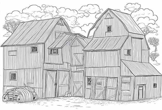 linha arte desenho animado arte vetorial preto e branco de agricultor e celeiro livro de colorir para crianças