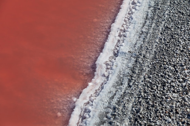 Linha costeira ou borda da água com sal na margem do lago rosa closeup Superfície de água rosa Elemento de design