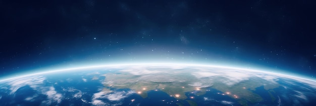 Linha curva brilhante ao redor do planeta Terra azul no fundo escuro do espaço com vista panorâmica de estrelas brilhantes