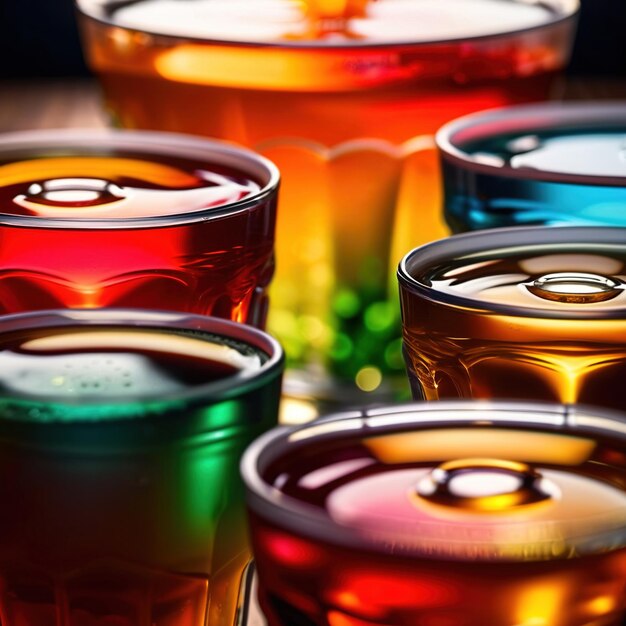 Linha de bebidas frias coloridas variadas refeições de festa de verão no bar