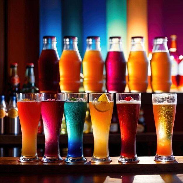 Linha de bebidas frias coloridas variadas refeições de festa de verão no bar