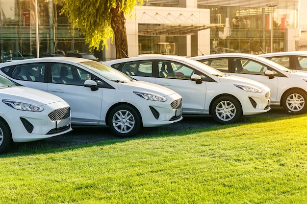 Linha de carros brancos novos em estoque na concessionária. carros não vendidos para venda.