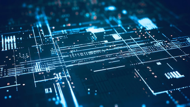 Linha de circuito semicondutor que brilha intensamente em uma renderização 3d de lugar escuro