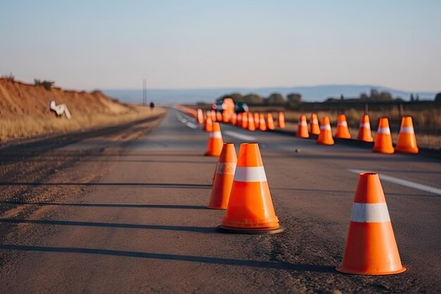 Linha de cones de trânsito que levam a estrada fechada ou canteiro de obras