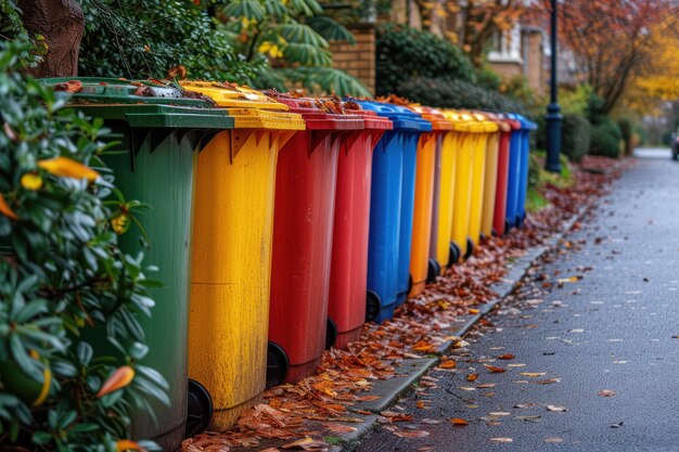 Foto linha de contêineres de lixo coloridos na rua close-up extremo ia geradora