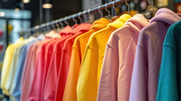 Foto linha de cores coloridas pastel vestidos casuais capuzes em cabides em loja de roupas de perto