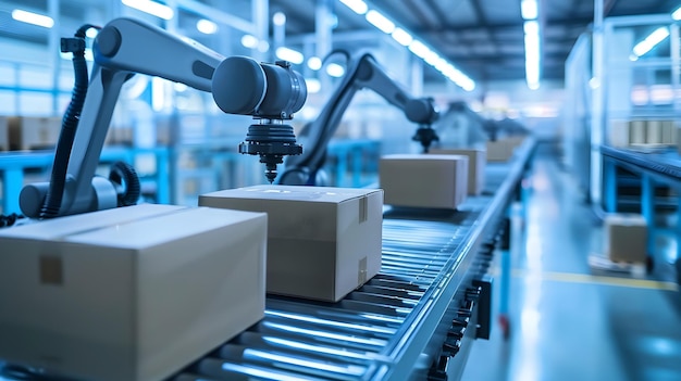 Linha de embalagem totalmente automatizada com caixas de montagem de braços robóticos em configuração de fábrica de alta tecnologia