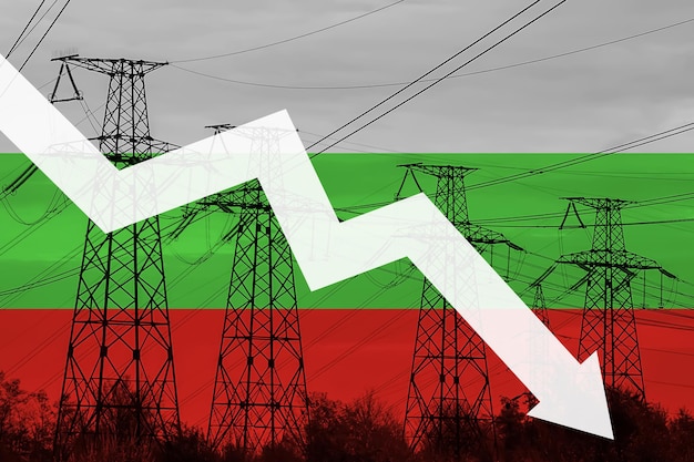 Linha de energia e bandeira da Bulgária Crise energética Conceito de crise energética global