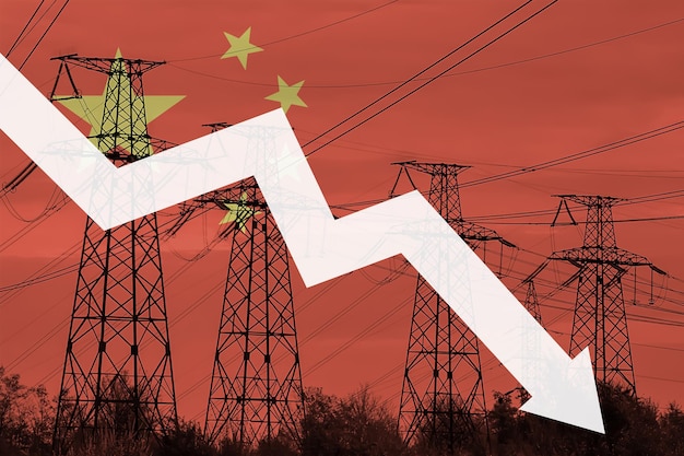 Linha de energia e bandeira da China Crise energética Conceito de crise energética global