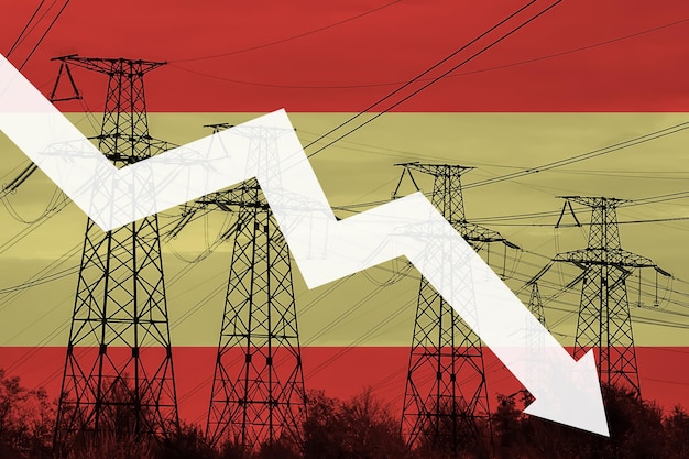 Linha de energia e bandeira da Espanha Crise energética Conceito de crise energética global