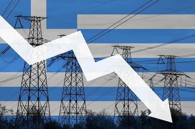 Linha de energia e bandeira da Grécia Crise energética Conceito de crise energética global