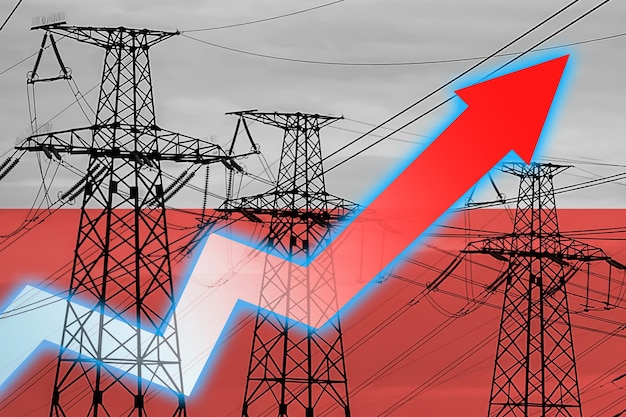 Linha de energia e bandeira da Polônia Crise energética Conceito de crise energética global