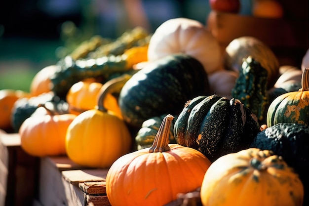 Linha de exibição outonal de grandes abóboras laranja na pilha em todas as vésperas sagradas em outubro Textura de vegetais coloridos tirada para o Dia de Ação de Graças e fundo de feriados de Halloween gerado AI