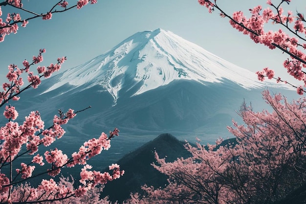 Linha de flores de cerejeira e montanha fuji na primavera