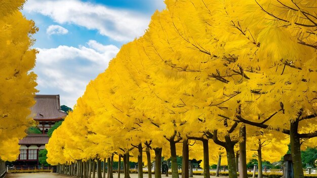 Foto linha de ginkgo amarelo no outono no parque de outono em tóquio, japão