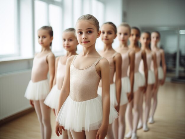 Linha de jovens bailarinas a praticar na escola de ballet