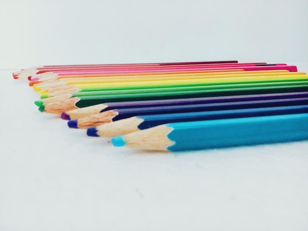 Linha de lápis coloridos em fundo branco