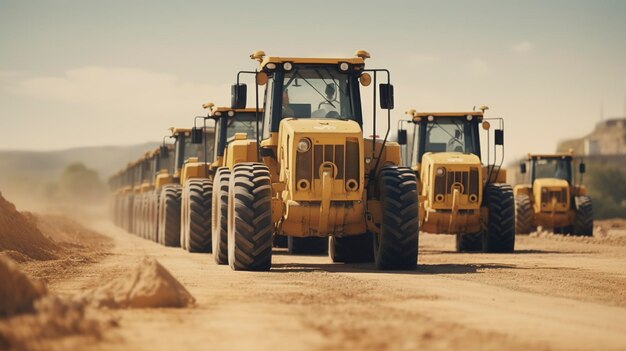 Linha de máquinas de construção pesadas em uma estrada empoeirada