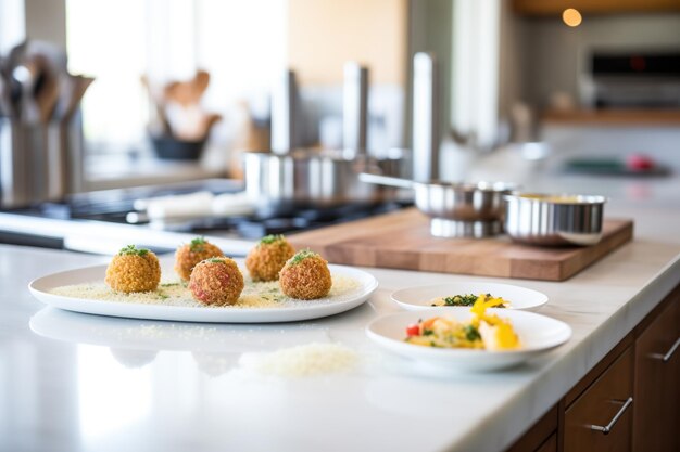 Foto linha de montagem arancini em uma bancada de cozinha