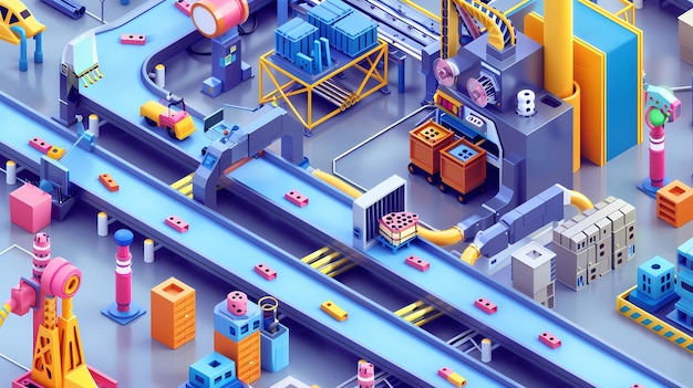 Linha de montagem colorida e intrincada de fábrica em miniatura