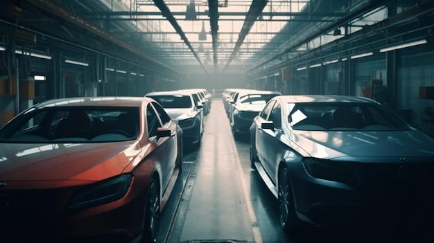 Linha de montagem de produção em massa de carros modernos em uma fábrica movimentada Generative AI