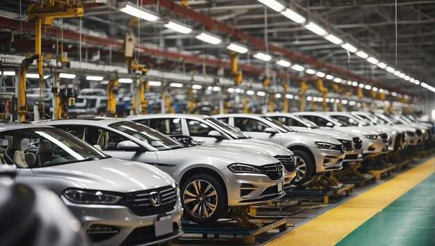 Linha de montagem de produção em massa de carros modernos em uma fábrica movimentada