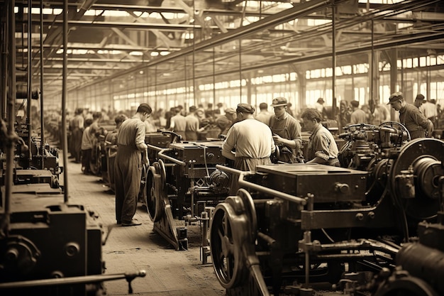 Linha de montagem industrial dos anos 1920 em SepiaToned preto e branco