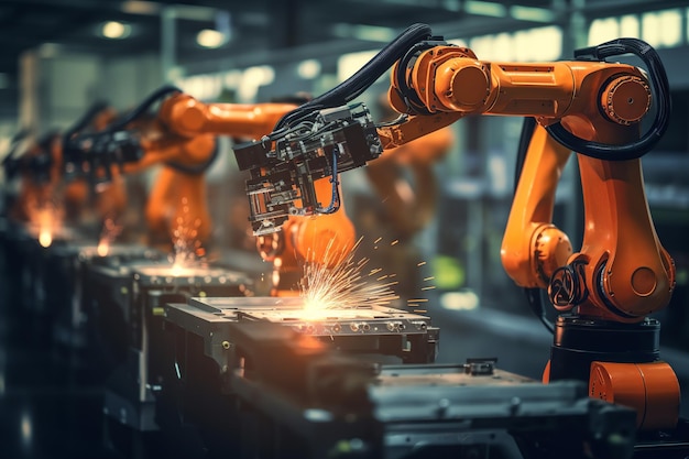 Linha de montagem robótica em uma fábrica moderna representando automação e digitalização da Indústria 40