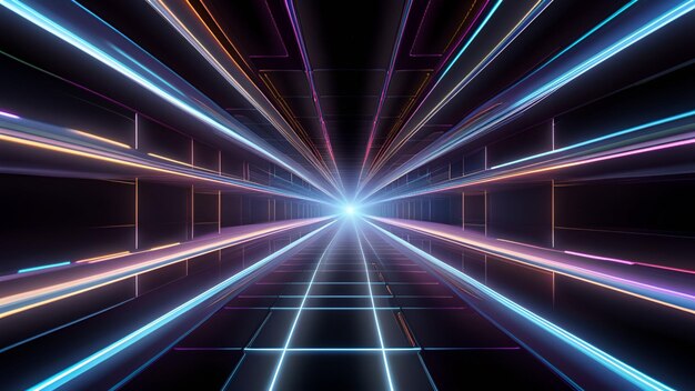 linha de néon perspectiva abstrato geométrico fundo de néon raios do arco-íris velocidade luz generativa AI