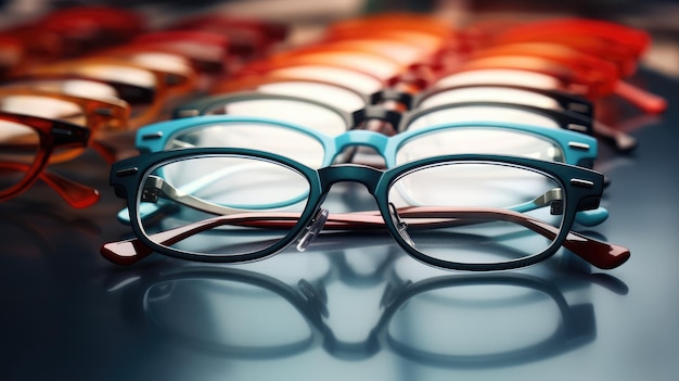 Linha de óculos coloridos em uma superfície refletora