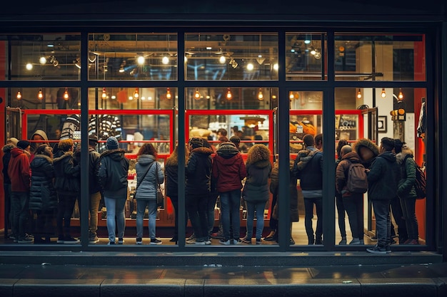 Linha de pessoas em fila à espera de comprar descontos numa loja