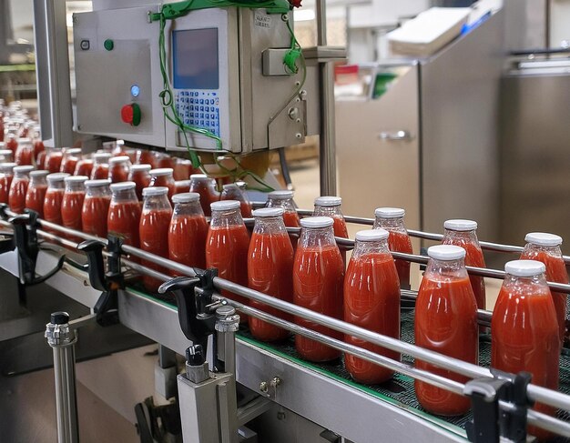 Linha de produção automatizada com garrafas de molho de tomate numa fábrica de alimentos