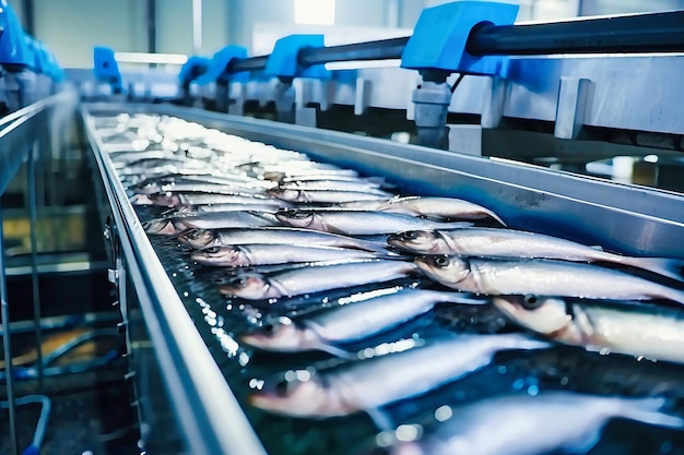 Linha de produção de fábrica de processamento de peixe Peixe marinho cru em uma esteira de fábrica Produção de peixe enlatado na indústria alimentícia moderna