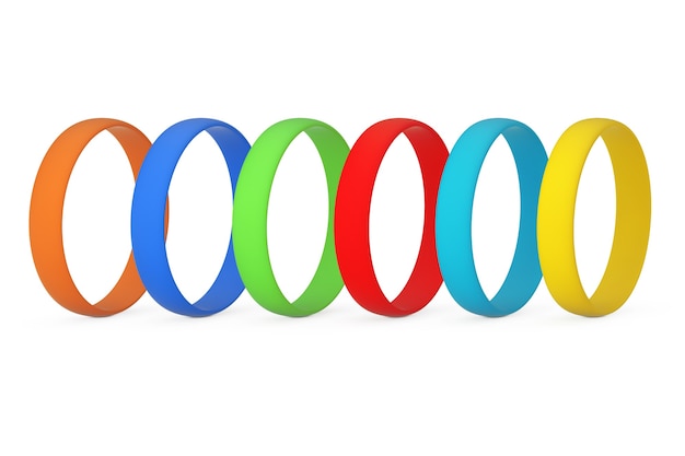 Linha de pulseiras de silicone ou borracha multicolor Promo em branco sobre um fundo branco. Renderização 3D