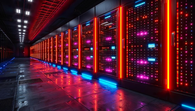 Foto linha de servidores de rede com luzes led brilhantes