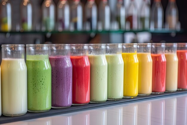 Linha de smoothies e shakes no restaurante, cada um com sabor diferente criado com ai generativa