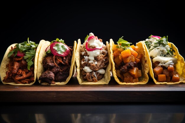 Foto linha de tacos de rua mexicanos em ardósia com carne asada e al pastor em tortilha de milho