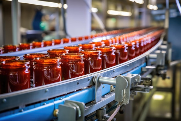 linha de transporte automática ou correia em moderna pasta de tomate em frascos de vidro fábrica ou fábrica de produção