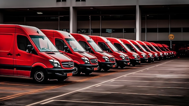 Foto linha de van de entrega vermelha no estacionamento