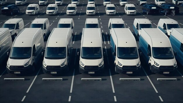 Foto linha de vans brancas estacionadas umas ao lado das outras no topo do estacionamento